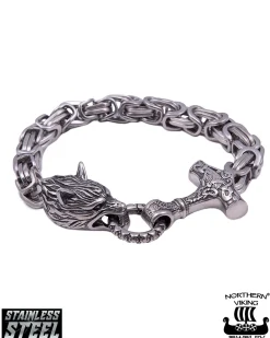 Northern Viking Jewelry Byzantine Thor's Hammer Wolf Head rannekoru - Teräs Hot