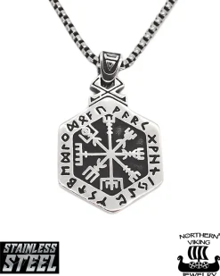 Northern Viking Jewelry Hexagonal Vegvisir kaulakoru - Teräs Outlet