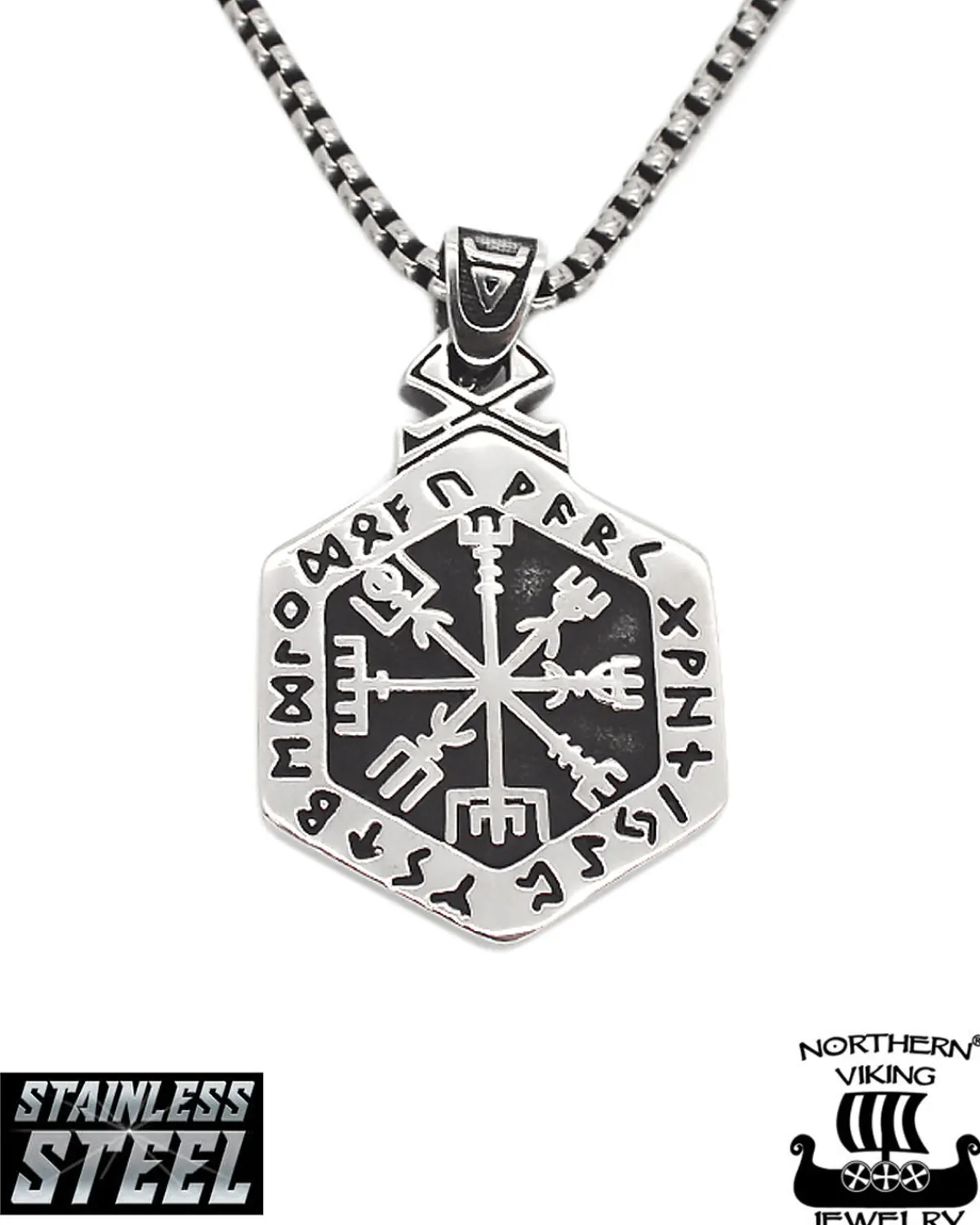 Northern Viking Jewelry Hexagonal Vegvisir kaulakoru - Teräs Outlet